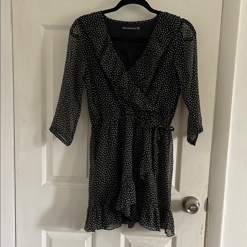 Abercrombie & Fitch Black and White Wrap Mini Dress with Ruffled Hem